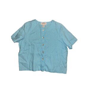 Orvis Top Womens sz L Blue Linen Short Sleeve Pearl Button Front Boxy Minimalist